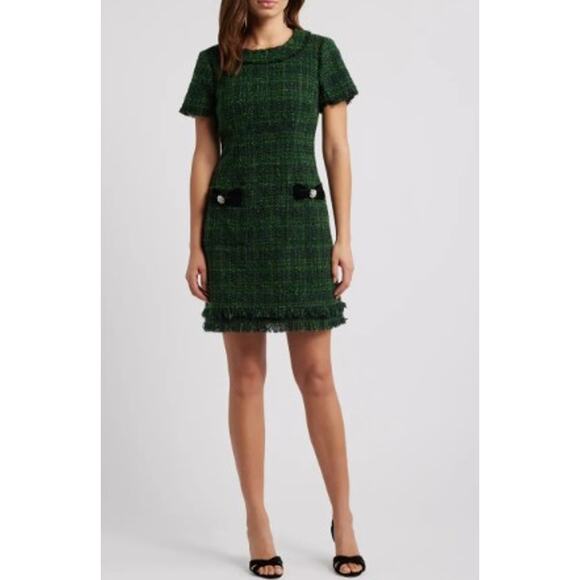 NWT Women’s Eliza J Metallic Tweed Dress Hunter Green Size 8 Elegant Cocktail - Picture 2 of 11